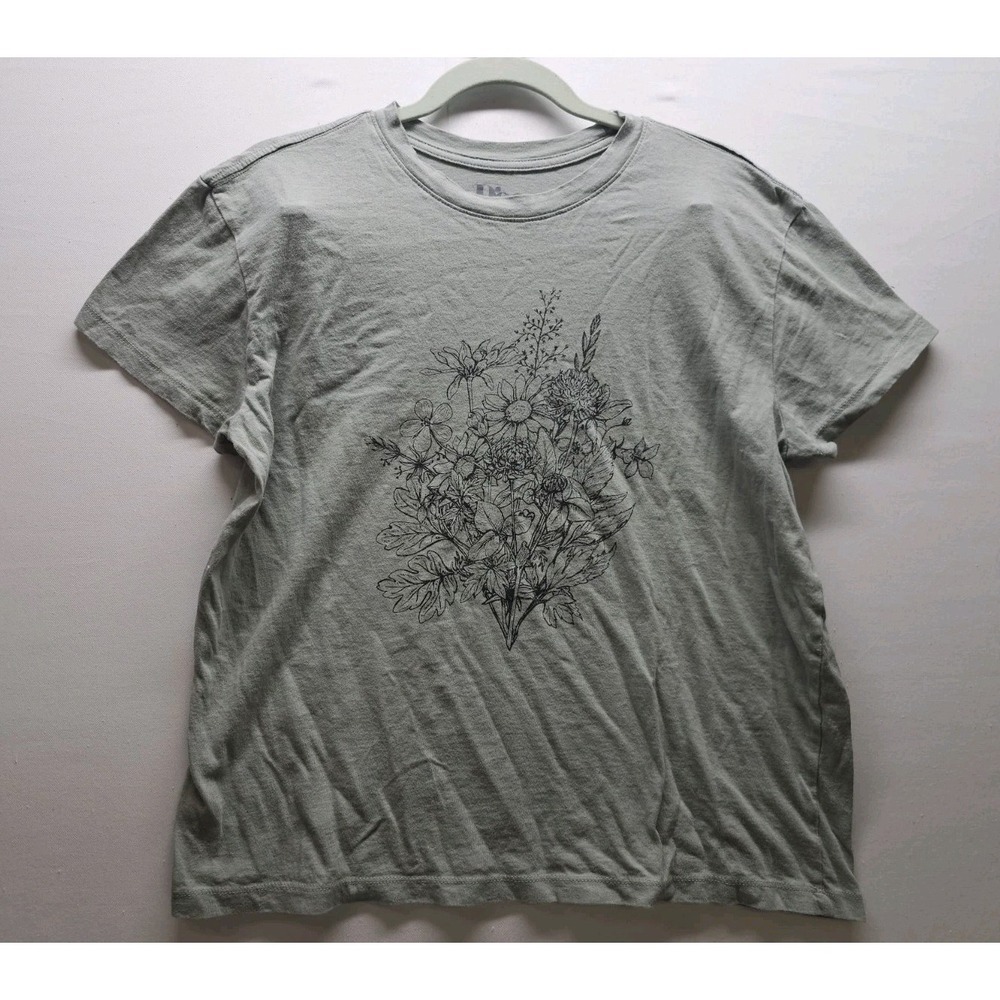 Doe Botanical Bouquet Fine Line Art Graphic Tee Sage Green Size L Cottagecore